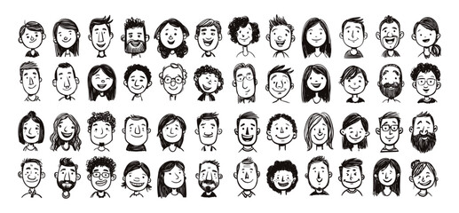 Child drawing portraits. Kid face scribble portrait hand drawn family photo faces chalk crayon sketches mom dad friends brother sister teacher parents character vector illustration