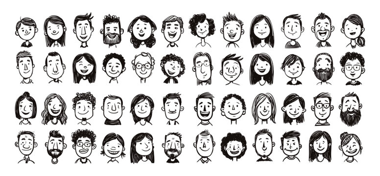 Child drawing portraits. Kid face scribble portrait hand drawn family photo faces chalk crayon sketches mom dad friends brother sister teacher parents character vector illustration