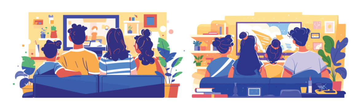 Family watching tv back view. Parents with children sitting couch watch movie film or news television screen, cozy home living room rear interior flat scenes vector illustration