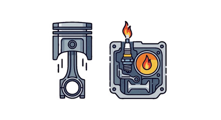 Naklejka premium Vector illustration of piston and spark plug with combustion flame icons