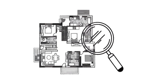 Vector illustration of magnifying glass over a detailed architectural floor plan of a house