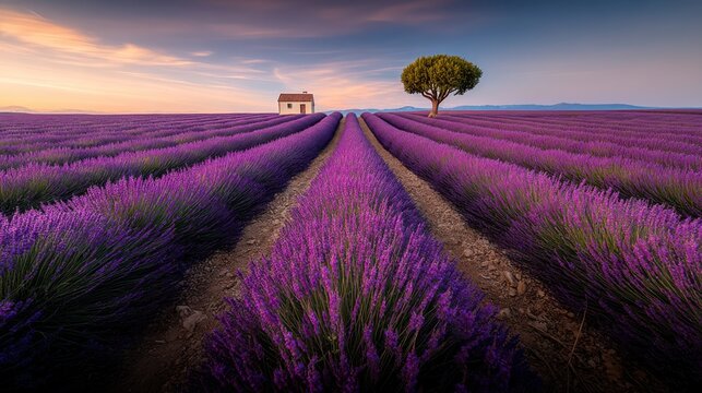 Lavender Field at Sunset with Cottage and Tree in Provence France, Scenic Landscape Photography