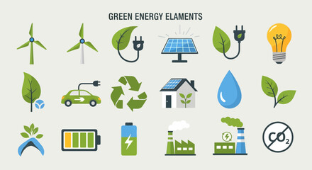 Green energy elements icons set. © Raffa
