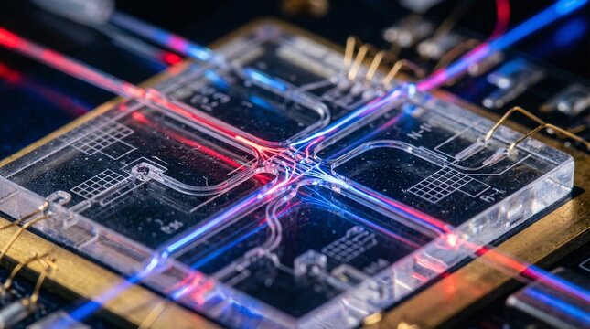 Photonic neural network chip shows transparent silicon waveguides with glowing red and blue laser pulses traveling through microscopic glass fibers.