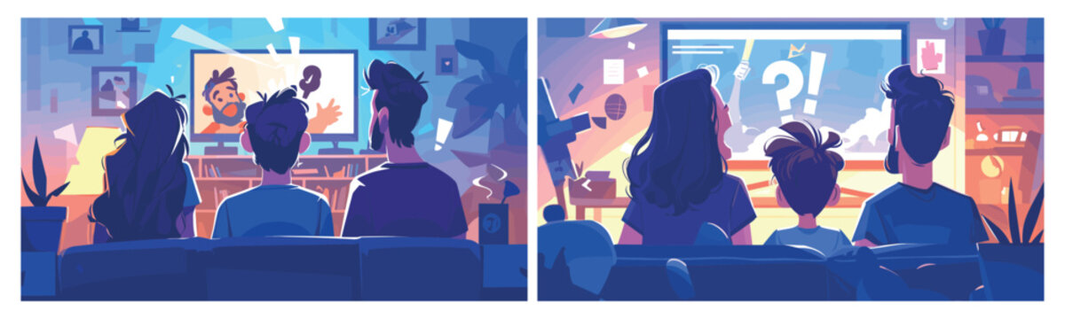People watching horror. Family or friends watch scary movie, blockbuster film excited woman afraid kid man look thriller tv screen on sofa together night room vector illustration