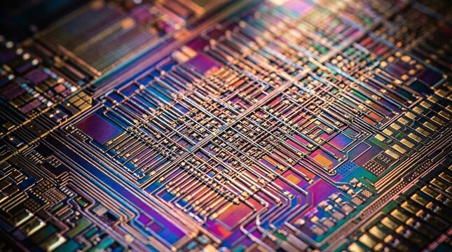 Neuromorphic chip surface features thousands of artificial synapses arranged in a fractal crossbar pattern with iridescent thin-film colors.
