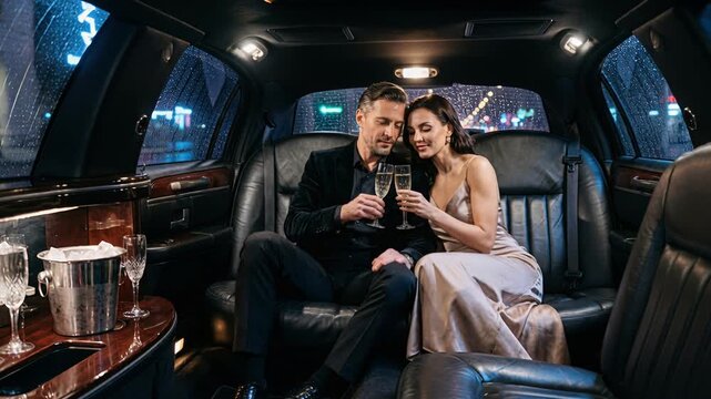 Happy pair toasting with bubbly amid stylish atmosphere tonight