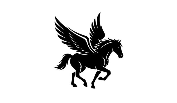 Flying Pegasus icon silhouette with running winged horse for mascot and vector branding