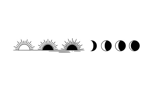 Sunrise to sunset timeline with sun and moon icons in line art and silhouette vector design