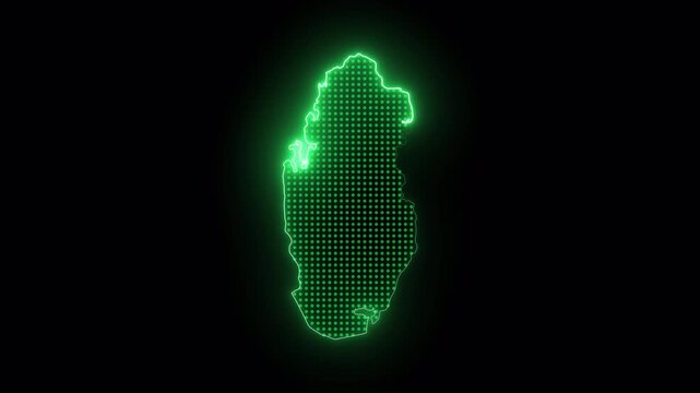 Qatar Advanced Cyber Map Animation Showcasing Luminous Green Neon Glow with High Detail Design on Transparent Alpha Background Continuous Looping 4K Video