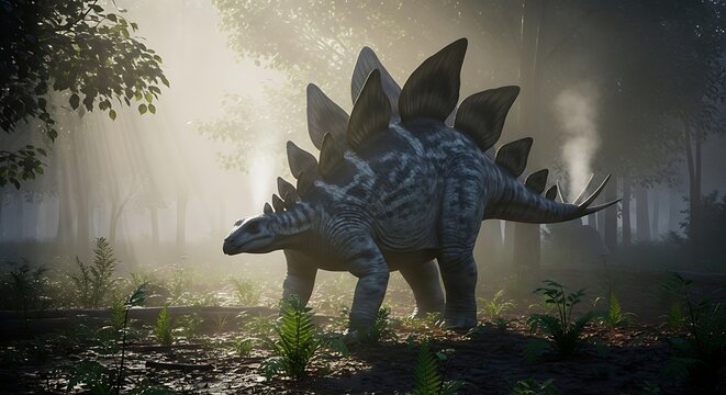Stegosaurus in a misty prehistoric forest.
