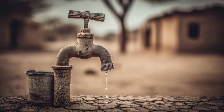 Drought stricken landscape with a dripping tap and cracked earth symbolizing scarcity and the urgent need for water conservation