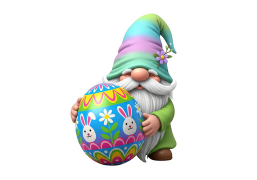 A joyful Easter gnome with a rainbow-striped hat and long white beard affectionately hugs a large, vibrantly decorated egg, smiling warmly, isolated on a transparent background.
