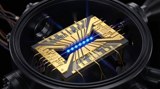 Quantum ion trap chip captures microscopic golden canyon structure hovering in a vacuum, holding a perfectly aligned string of glowing blue atomic ions.