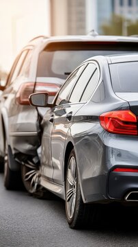 Car Accident Scene: Damaged Vehicles After Collision on City Street, Insurance Claim Incident