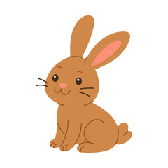 Obraz premium Cute brown rabbit sits calmly on white background. Soft ears twitch slightly with gentle pink inner hue. Round eyes and small nose express gentle friendliness. Perfect for children's books