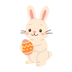 Fototapeta premium Cute rabbit holds a decorated egg. Soft colors give warm, cheerful vibe. Simple lines make image friendly and clean. Perfect for Easter-themed designs or children's projects