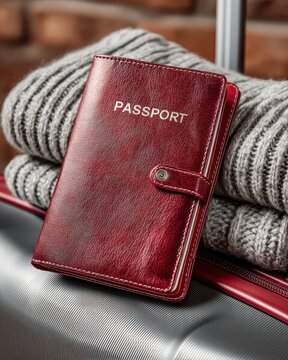 Burgundy passport holder on folded gray sweater and suitcase, travel document, tourism, and modern lifestyle