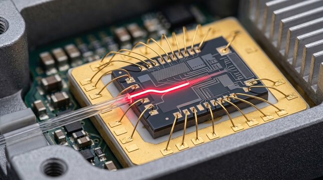 Silicon photonic transceiver chip connects microscopic gold wire bonds to delicate glass optical fibers with glowing laser light in the waveguide.