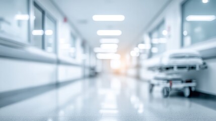 Fototapeta premium Blurred Hospital Interior with Empty Gurney: Healthcare, Emergency Room, and Medical Facility Concept