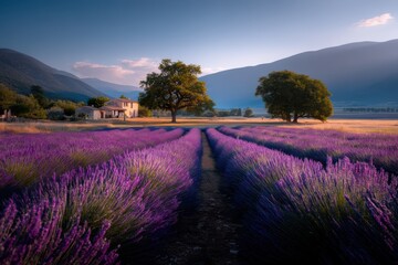 Obraz premium Lavender Field at Sunset with Farmhouse and Mountain Backdrop in Provence, France