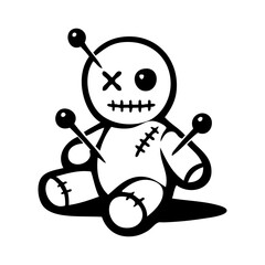 Logotipo magia negra. Dibujo sencillo con líneas de muñeco vudú sentado con alfileres para tarjetas y felicitaciones de Halloween © teracreonte