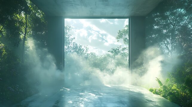 Window to Paradise: A captivating indoor scene, offering a mesmerizing view of a misty forest and mountains. A harmonious blend of interior and exterior, symbolizing peace and natural serenity.