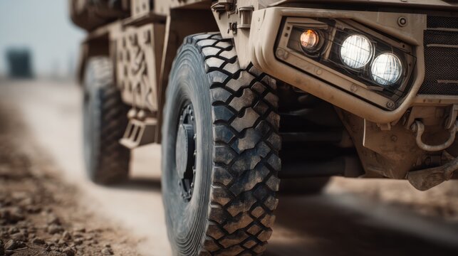 Military Vehicle Close-Up on Rough Terrain: Powerful Armored Transport in Desert Environment