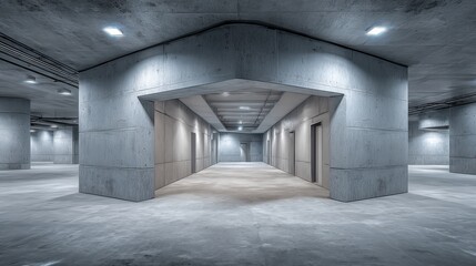 Obraz premium Modern Concrete Architecture: Hallway with Geometric Design, Minimalist Style and Strong Lines for Business and Creative Projects