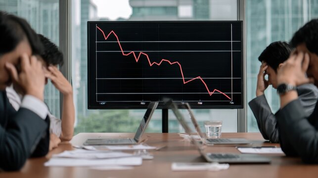 Financial Crisis: Business Team Faces Economic Downturn Displayed on Screen During Meeting