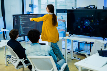 Diverse creative team of programmer develop ai assistant project together.Software engineer...