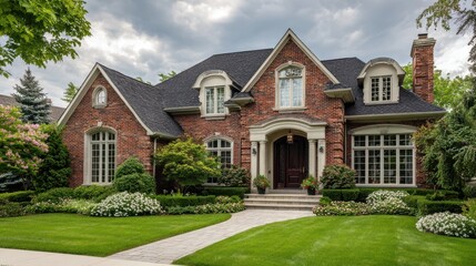 Fototapeta premium Luxury suburban brick estate home with lush landscaping