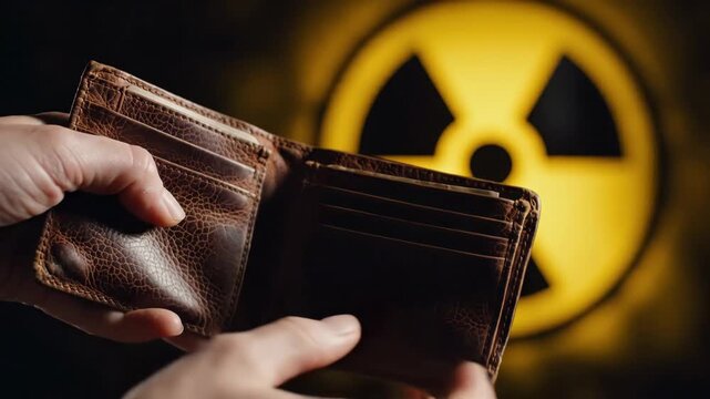 A hand holds an empty wallet in front of a blurred radiation warning symbol, creating a stark visual metaphor for severe financial crisis and economic danger.