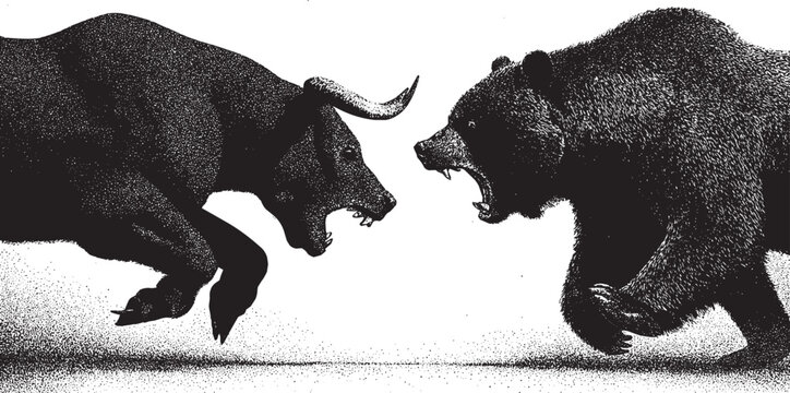 A dynamic vector illustration depicting an angry bull battling an aggressive bear, serving as a stock market metaphor.