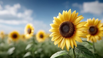 Obraz premium Vibrant Sunflower Field Under a Blue Sky, showcasing summer beauty and agricultural abundance in full bloom