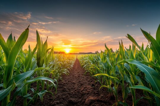 Cornfield at Sunrise: Golden Hour Agriculture Landscape with Rows of Corn Stalks and Dramatic Sky