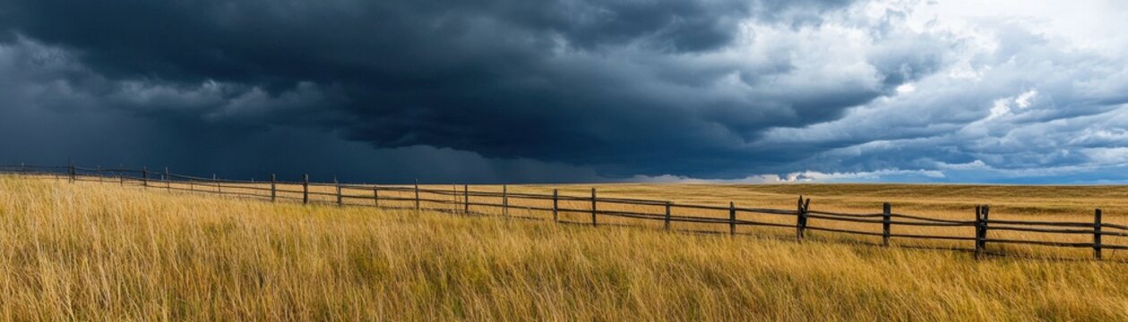 Wooden split rail fence running through  golden meadow beneath  dramatic dark thunderstorm sky