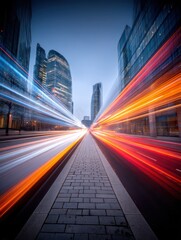Obraz premium Modern city street at night with light trails from traffic creating a dynamic, futuristic scene