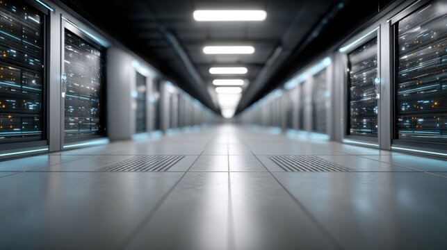 Server Room Data Center with Rows of Rack Servers for IT, Cybersecurity, and Telecommunications