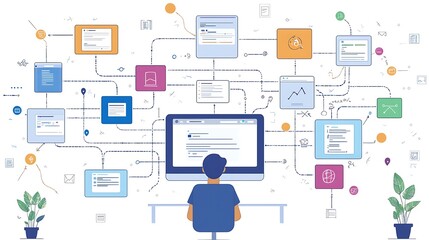 Fototapeta premium Digital Weaver: An illustration showcasing a person immersed in a network of digital tools and processes, crafting a comprehensive digital ecosystem.