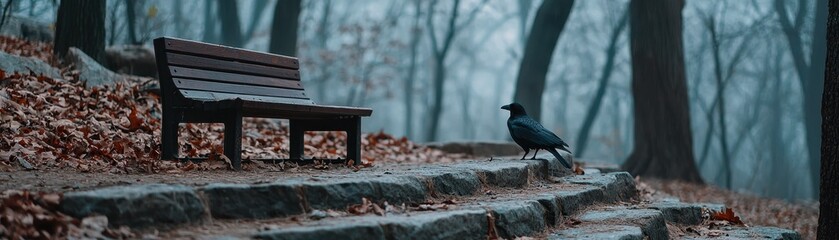 Fototapeta premium dark crow stands on stone steps near an empty wooden bench in misty autumn park
