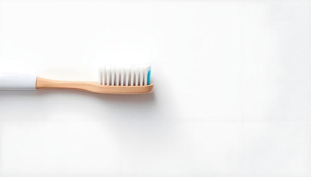 Close up side view of a sustainable bamboo toothbrush with soft white and blue bristles isolated on a bright white background.
