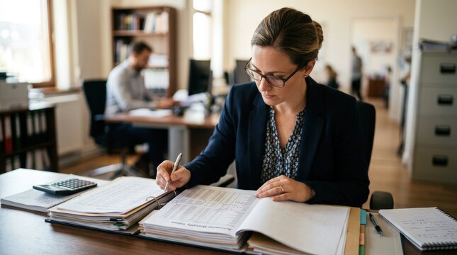 Medium shot of an underwriter intently reviewing actuarial tables with the foreground clear and the rest softly blurred emphasizing detailed highrisk case assessment.