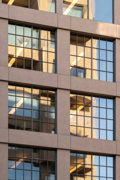 Modern office architecture facade with glass windows reflections and sunlight across a structured grid creating abstract pattern background