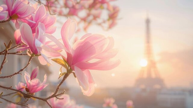 Pink magnolia flowers in full bloom, early spring in Paris, France