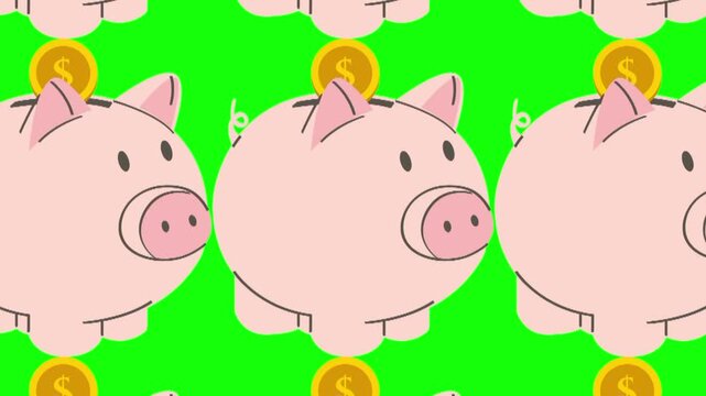 Piggybank with animated dollar coin money vector icon. Business, finance, economic symbol. seamless pattern animation with green screen background template for design graphic resources