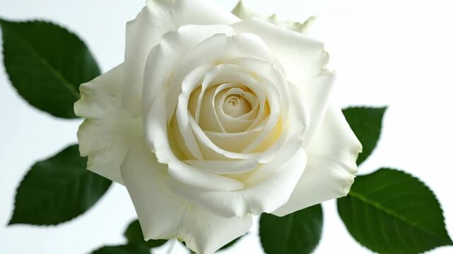 An elegant white rose with a graceful green leafy branch is isolated on a pure white background in a refined minimal floral composition.