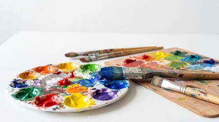 Obraz premium Artist Oil Paint Palette with Mixed Colors and Brushes in Creative Studio