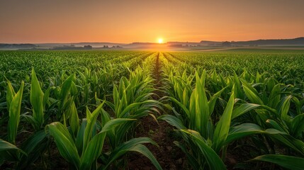 Agricultural Landscape: Rows of Vibrant Cornfield Under a Golden Sunset, Cultivating Growth and Abundance