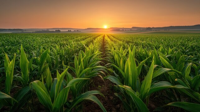 Agricultural Landscape: Rows of Vibrant Cornfield Under a Golden Sunset, Cultivating Growth and Abundance